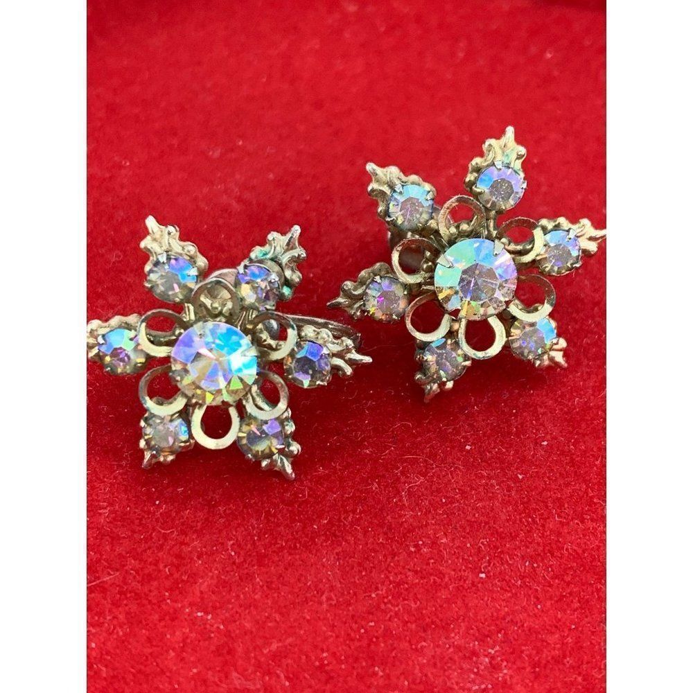 Vintage Antique Earrings Aurora Borealis Clear Snowflake Screw Clasp 1" 1639